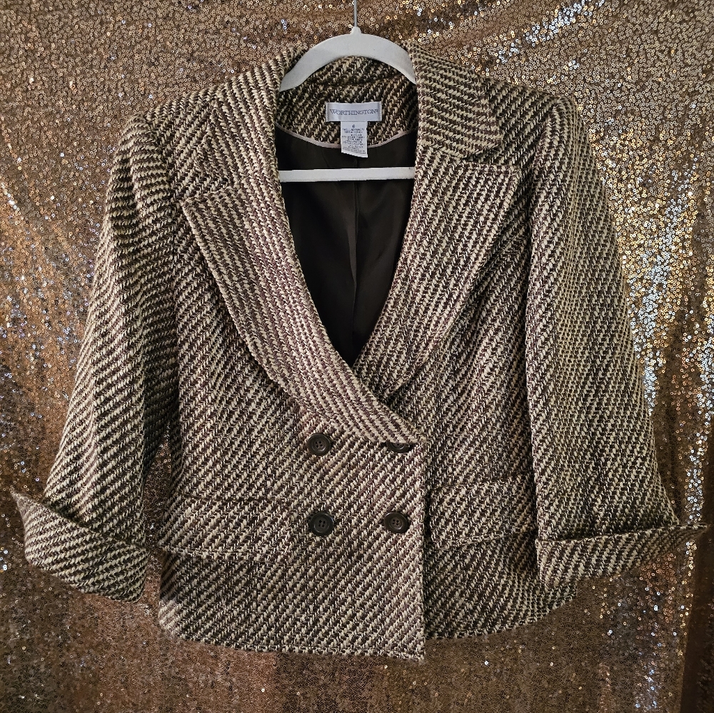 Worthington Lined Blazer, Size 6, Gold & Brown Double Breasted